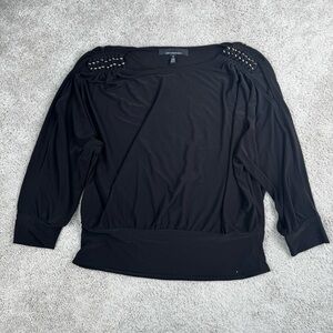 White House Black Market Black Banded Waist Blouse Gold Accents Jersey Knit Sz M